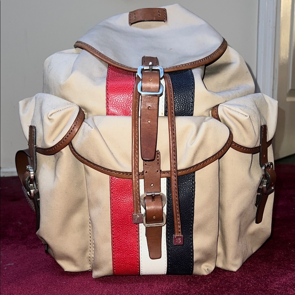 Thom Browne Beige Canvas Backpack with Red, White & Navy Stripes
